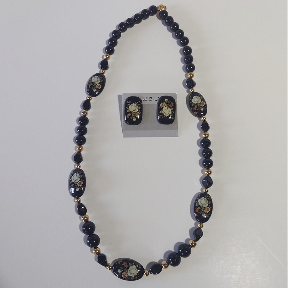 Vintage black floral design statement necklace and earrings